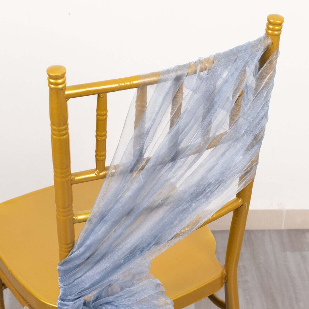 5 Pack Crinkled Organza Chair Sashes Dusty Blue with Shimmer Chiffon Layers - Stylish Sheer Decor - Bell Racket Store