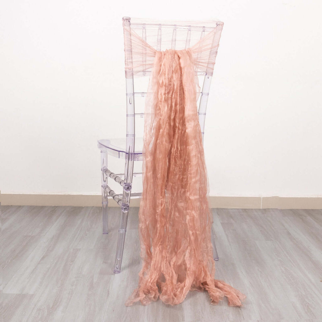 5 Pack Crinkled Organza Chair Sashes Dusty Rose with Shimmer Chiffon Layers - Stylish Sheer Decor - Bell Racket Store