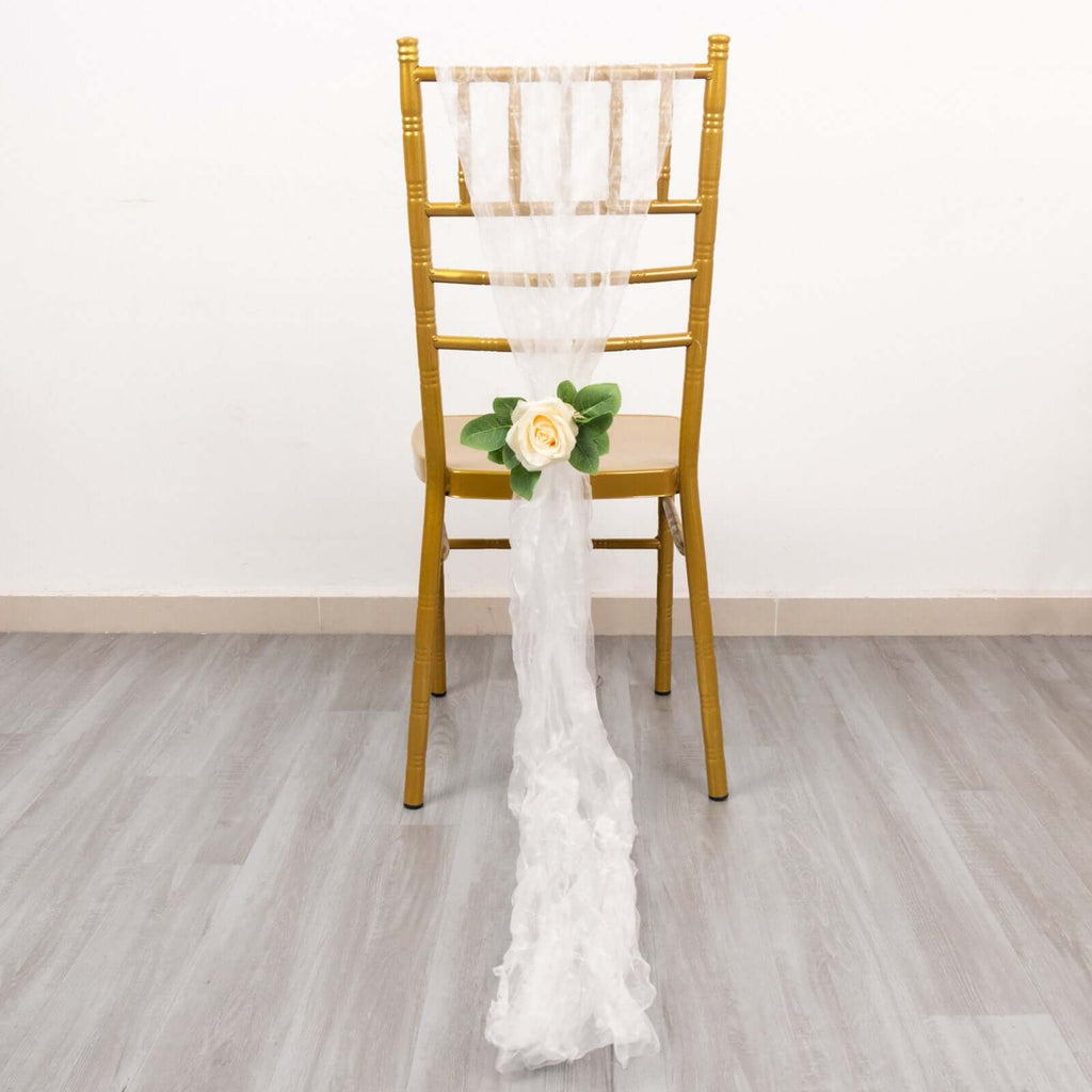 5 Pack Crinkled Organza Chair Sashes White with Shimmer Chiffon Layers - Stylish Sheer Decor for Weddings & Gatherings - Bell Racket Store