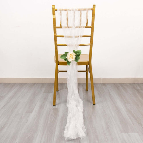 5 Pack Crinkled Organza Chair Sashes White with Shimmer Chiffon Layers - Stylish Sheer Decor for Weddings & Gatherings - Bell Racket Store