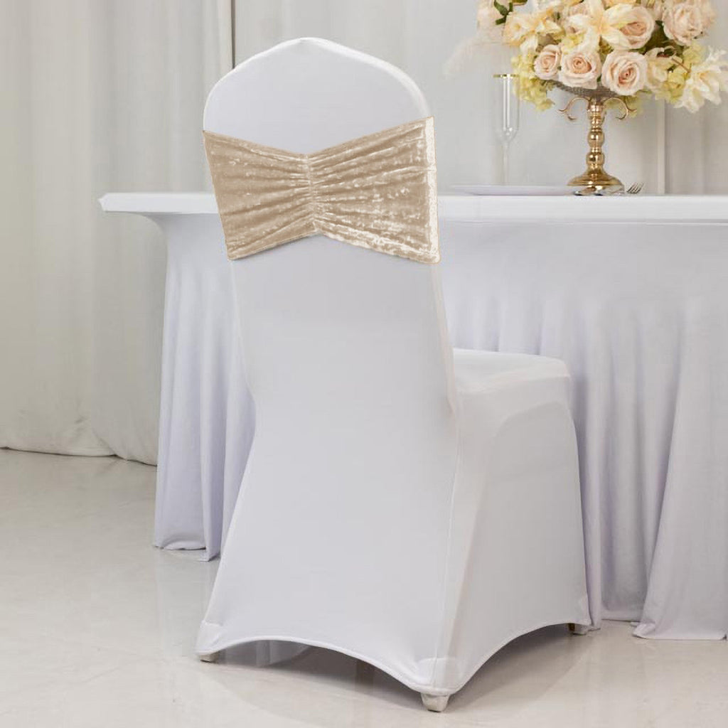 5 Pack Crushed Velvet Chair Bands Beige Wide Ruffle Style - Textured Chair Sashes for Stunning Event Decor - 8"x15" - Bell Racket Store