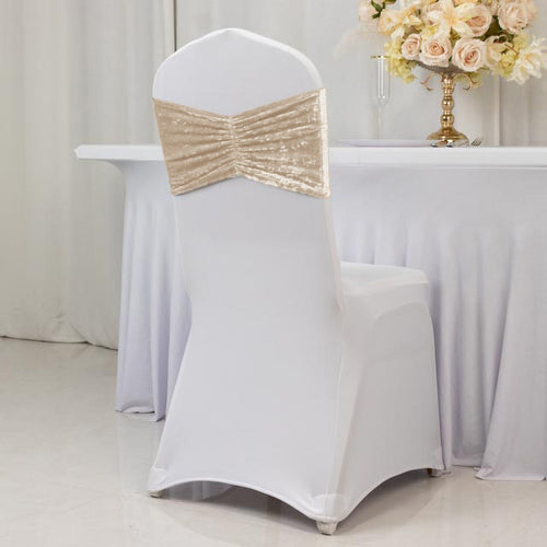 5 Pack Crushed Velvet Chair Bands Beige Wide Ruffle Style - Textured Chair Sashes for Stunning Event Decor - 8"x15" - Bell Racket Store