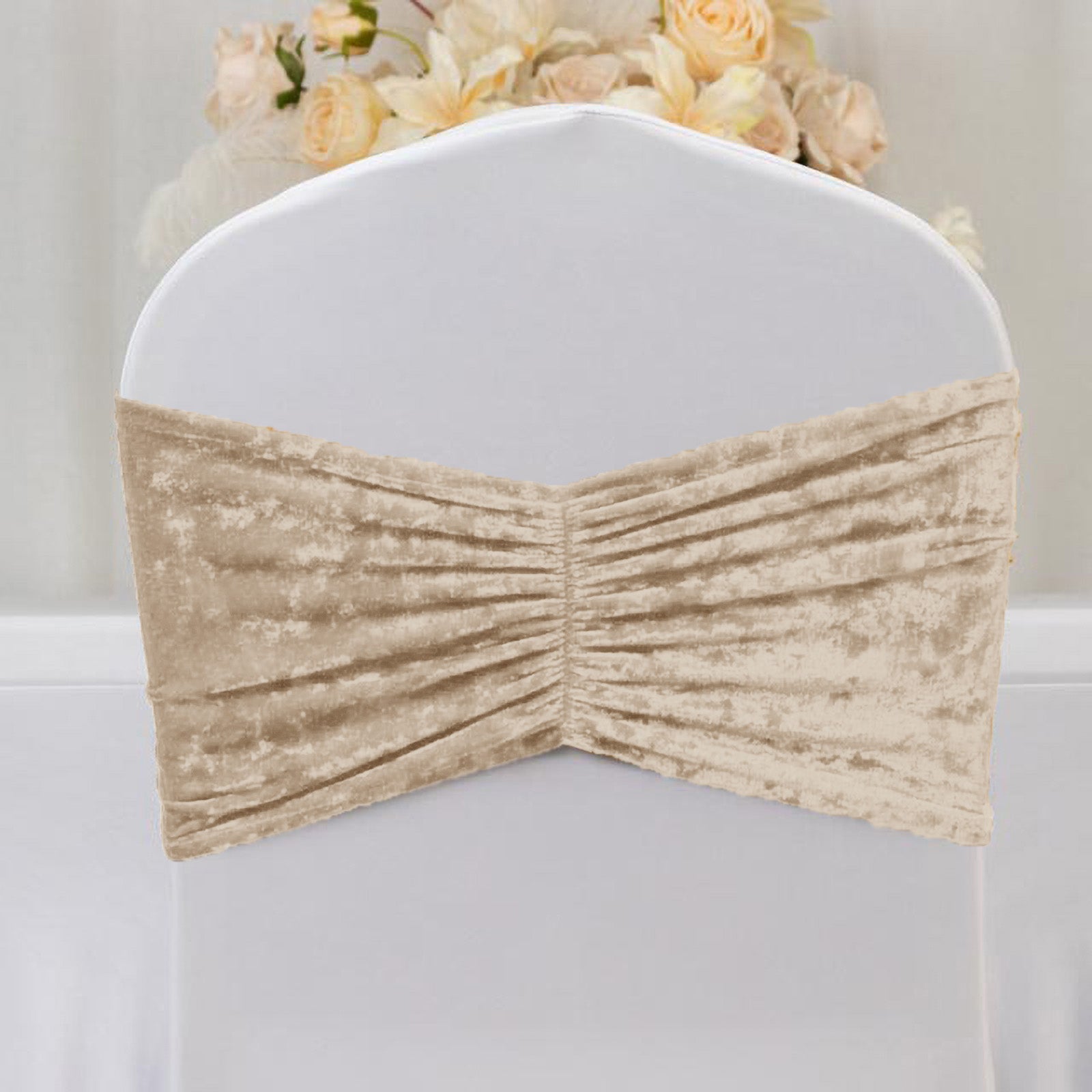 5 Pack Crushed Velvet Chair Bands Beige Wide Ruffle Style - Textured Chair Sashes for Stunning Event Decor - 8"x15" - Bell Racket Store