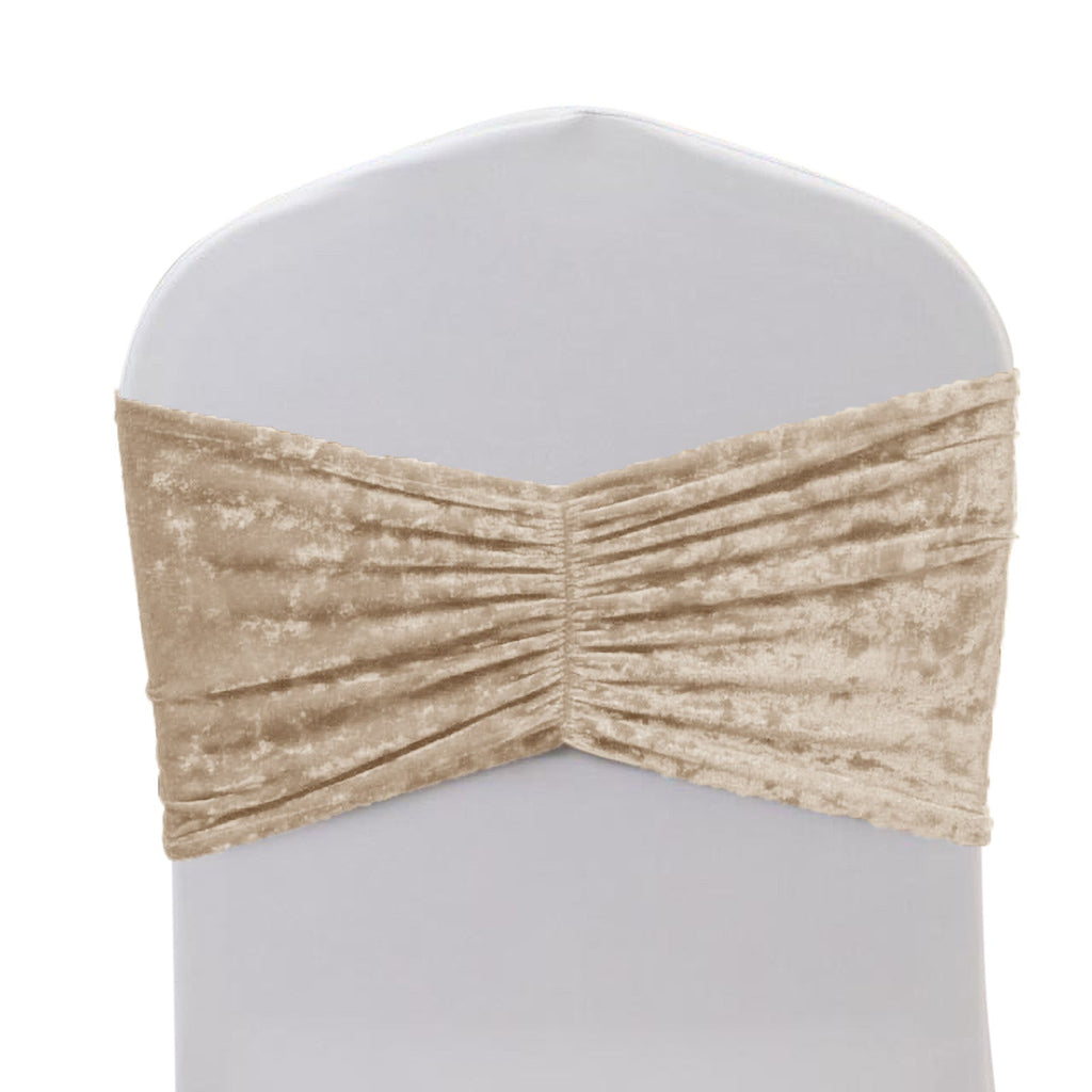 5 Pack Crushed Velvet Chair Bands Beige Wide Ruffle Style - Textured Chair Sashes for Stunning Event Decor - 8"x15" - Bell Racket Store