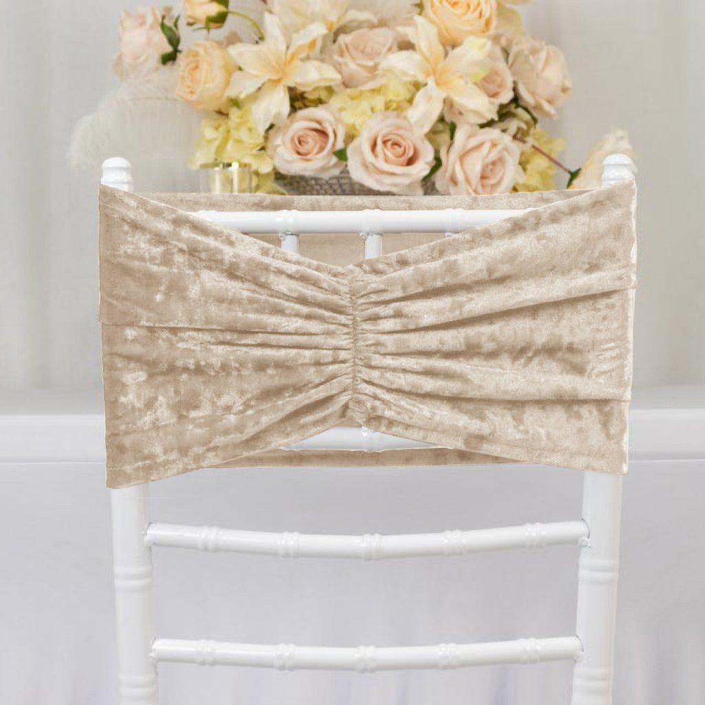 5 Pack Crushed Velvet Chair Bands Beige Wide Ruffle Style - Textured Chair Sashes for Stunning Event Decor - 8"x15" - Bell Racket Store