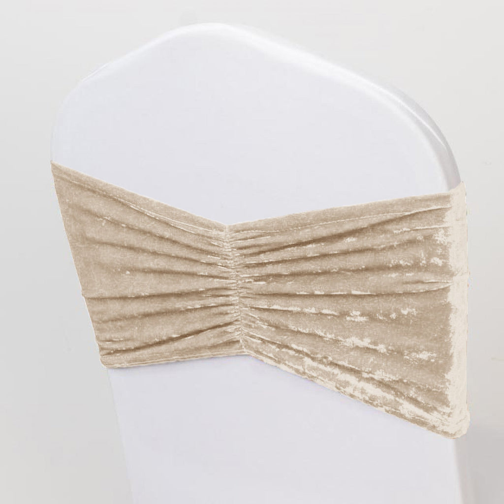 5 Pack Crushed Velvet Chair Bands Beige Wide Ruffle Style - Textured Chair Sashes for Stunning Event Decor - 8"x15" - Bell Racket Store