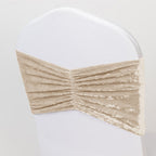 5 Pack Crushed Velvet Chair Bands Beige Wide Ruffle Style - Textured Chair Sashes for Stunning Event Decor - 8"x15" - Bell Racket Store
