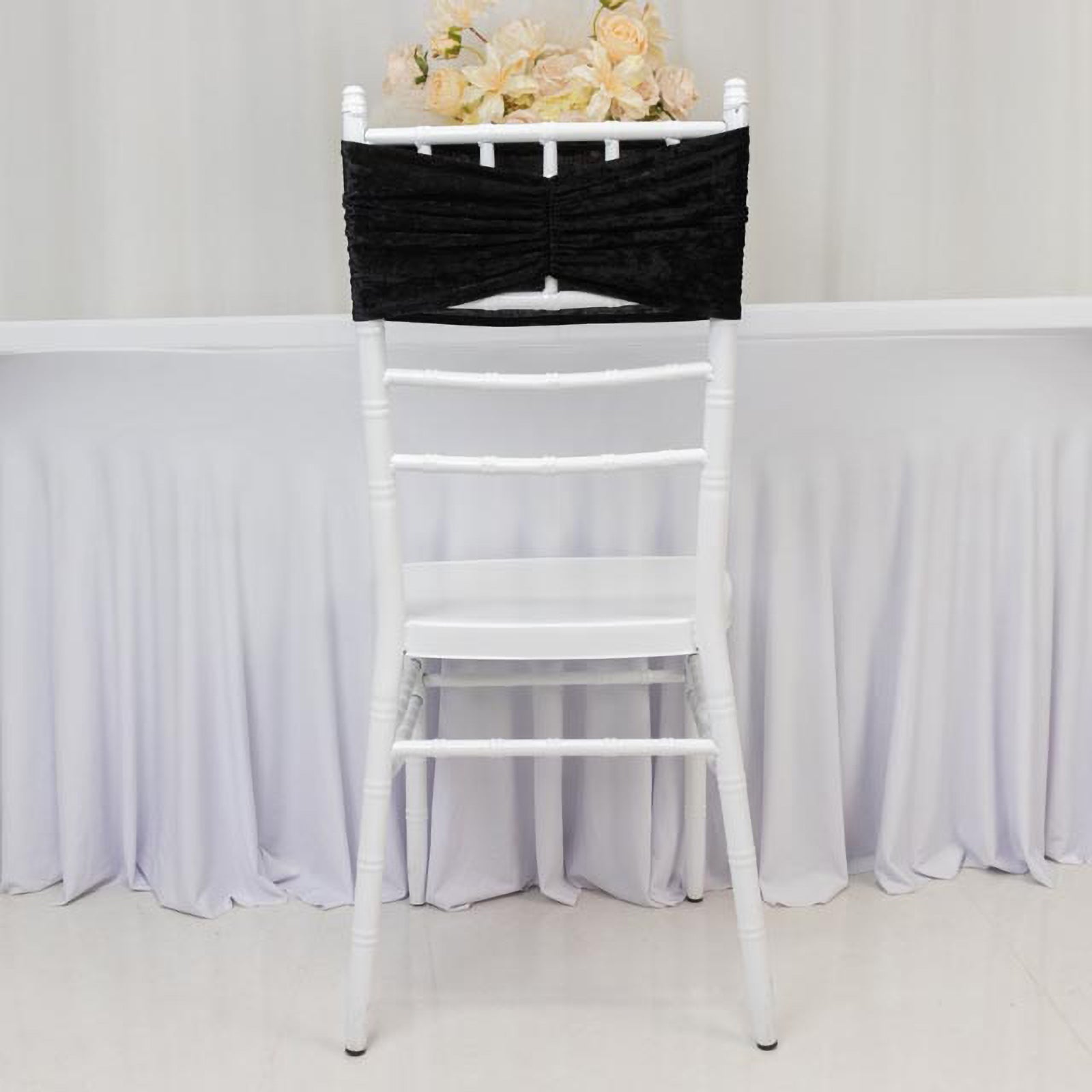 5 Pack Crushed Velvet Chair Bands Black Wide Ruffle Style - Textured Chair Sashes for Stunning Event Decor - 8"x15" - Bell Racket Store