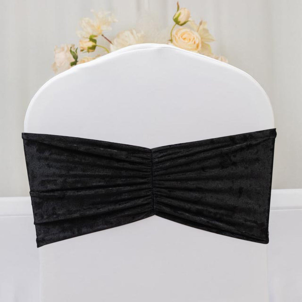 5 Pack Crushed Velvet Chair Bands Black Wide Ruffle Style - Textured Chair Sashes for Stunning Event Decor - 8"x15" - Bell Racket Store