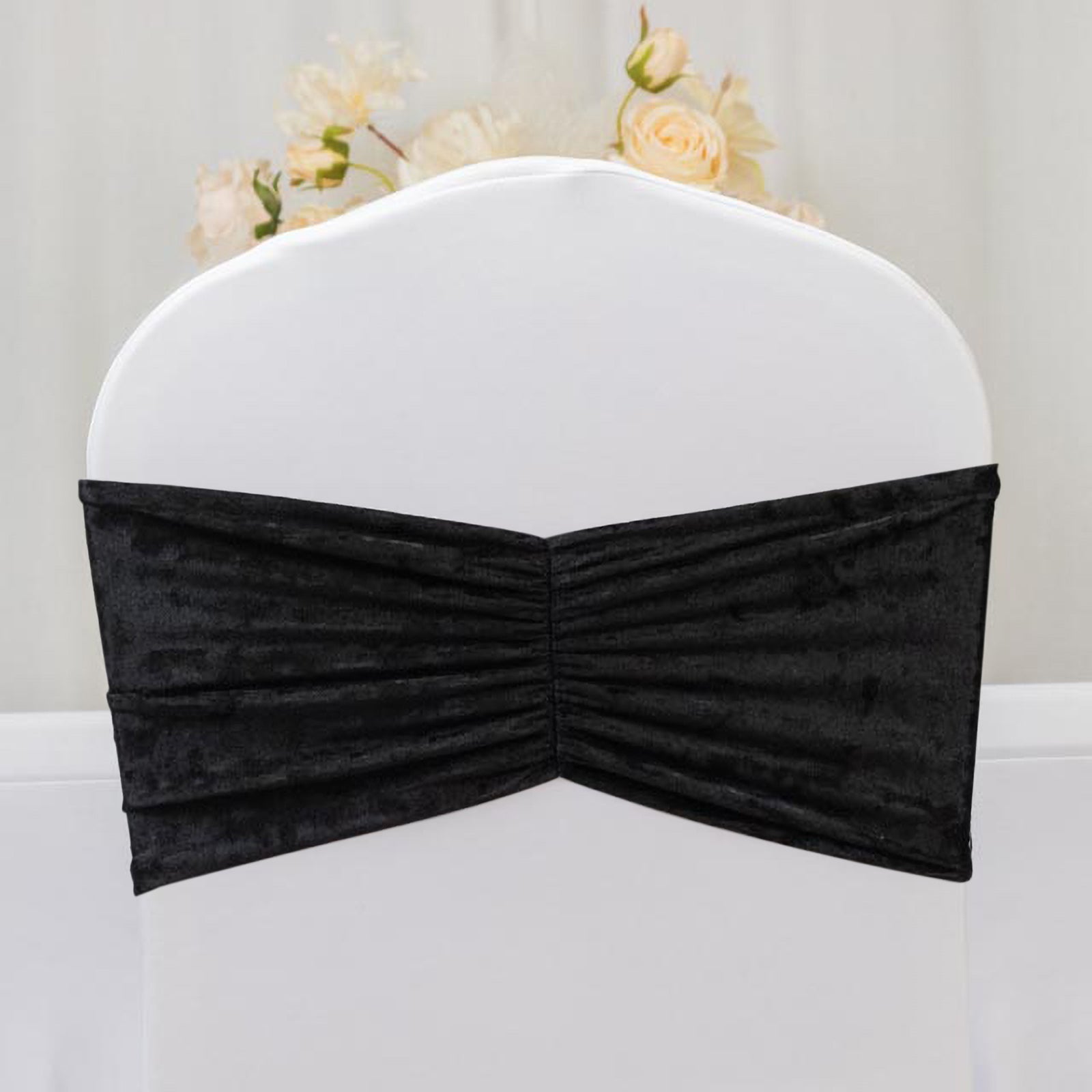 5 Pack Crushed Velvet Chair Bands Black Wide Ruffle Style - Textured Chair Sashes for Stunning Event Decor - 8"x15" - Bell Racket Store