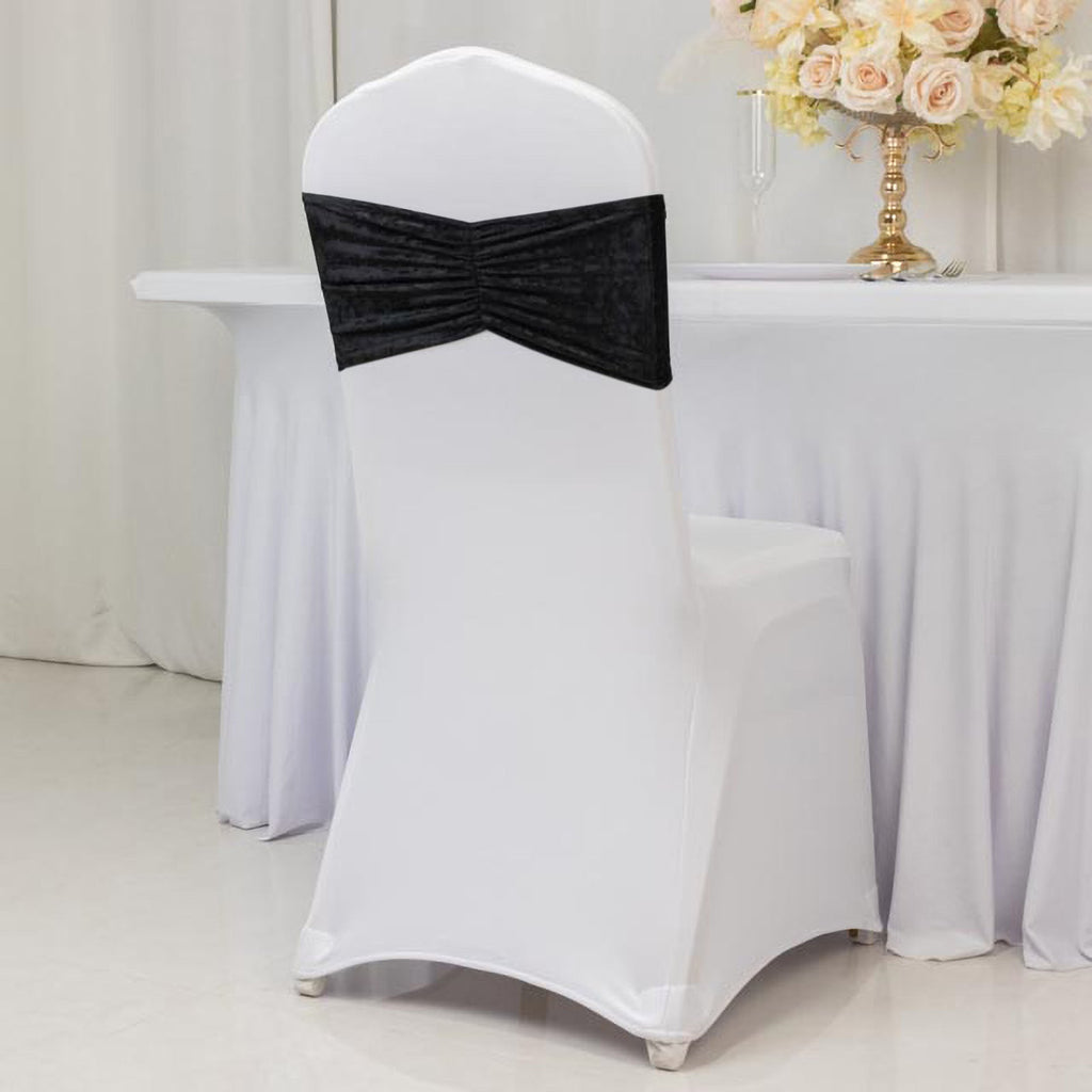 5 Pack Crushed Velvet Chair Bands Black Wide Ruffle Style - Textured Chair Sashes for Stunning Event Decor - 8"x15" - Bell Racket Store