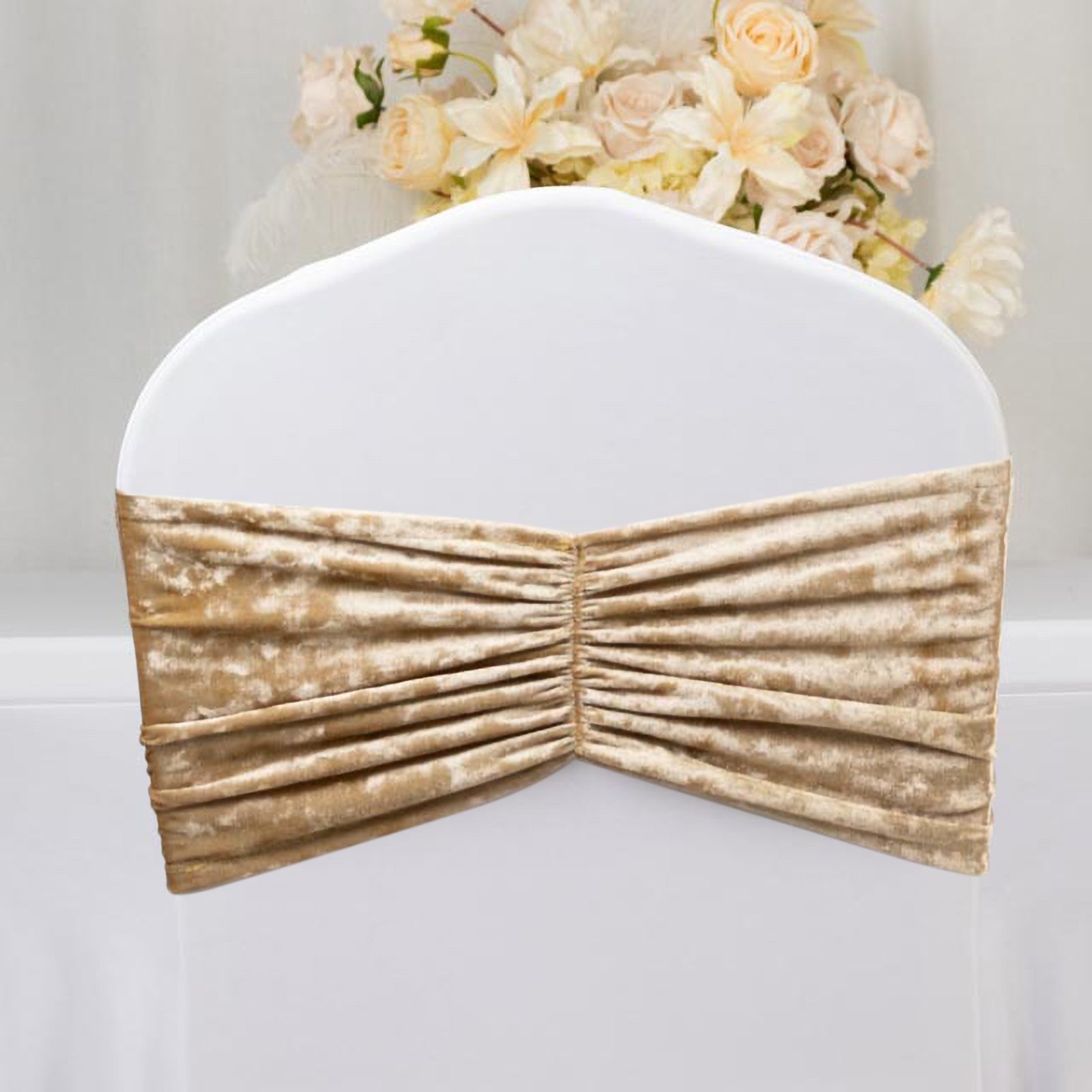 5 Pack Crushed Velvet Chair Bands Champagne Wide Ruffle Style - Textured Chair Sashes for Stunning Event Decor - 8"x15" - Bell Racket Store