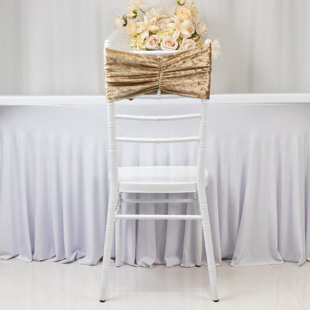 5 Pack Crushed Velvet Chair Bands Champagne Wide Ruffle Style - Textured Chair Sashes for Stunning Event Decor - 8"x15" - Bell Racket Store