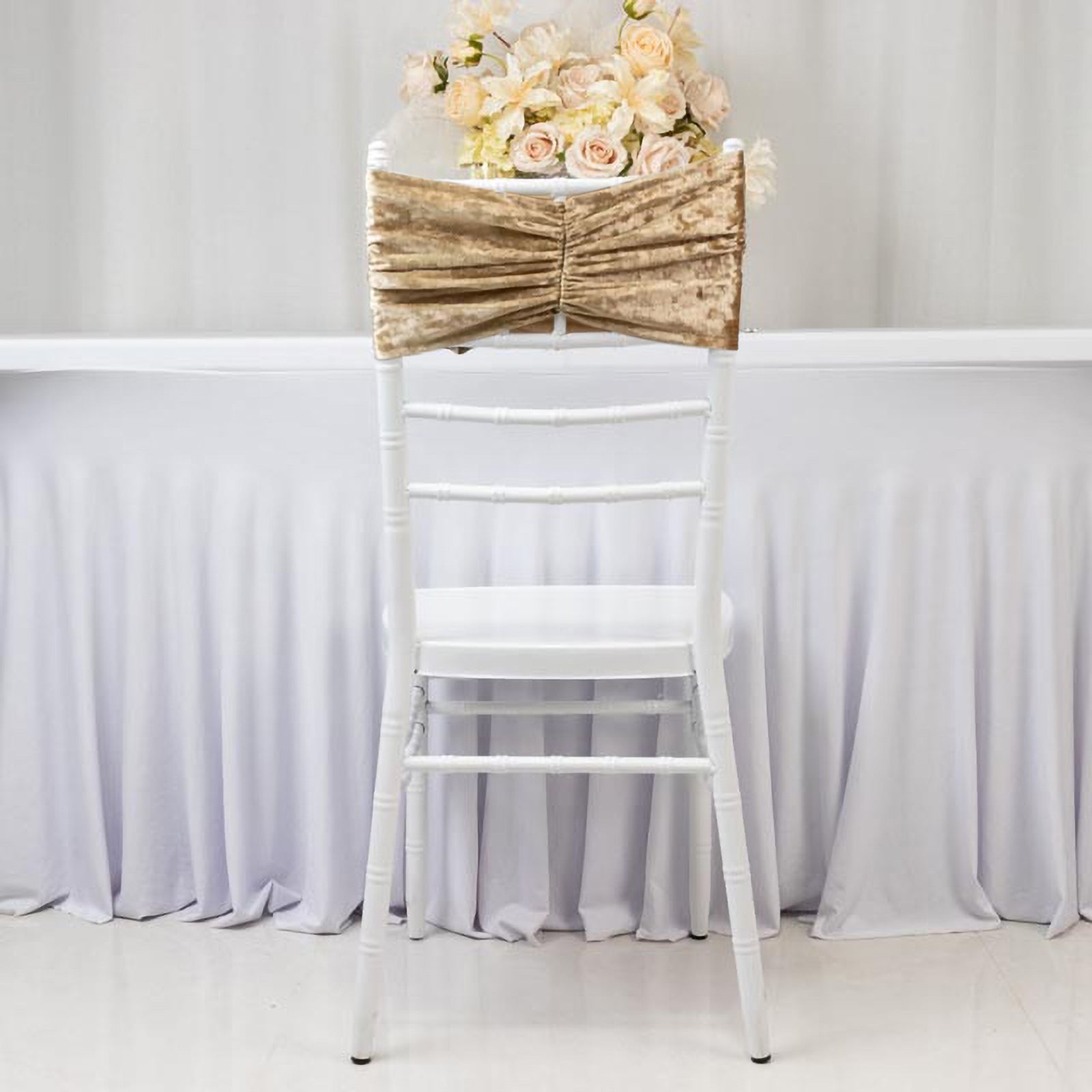 5 Pack Crushed Velvet Chair Bands Champagne Wide Ruffle Style - Textured Chair Sashes for Stunning Event Decor - 8"x15" - Bell Racket Store