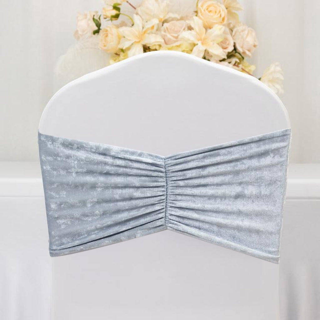 5 Pack Crushed Velvet Chair Bands Dusty Blue Wide Ruffle Style - Textured Chair Sashes for Stunning Event Decor - 8"x15" - Bell Racket Store