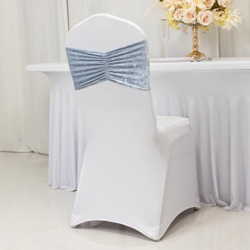 5 Pack Crushed Velvet Chair Bands Dusty Blue Wide Ruffle Style - Textured Chair Sashes for Stunning Event Decor - 8"x15" - Bell Racket Store