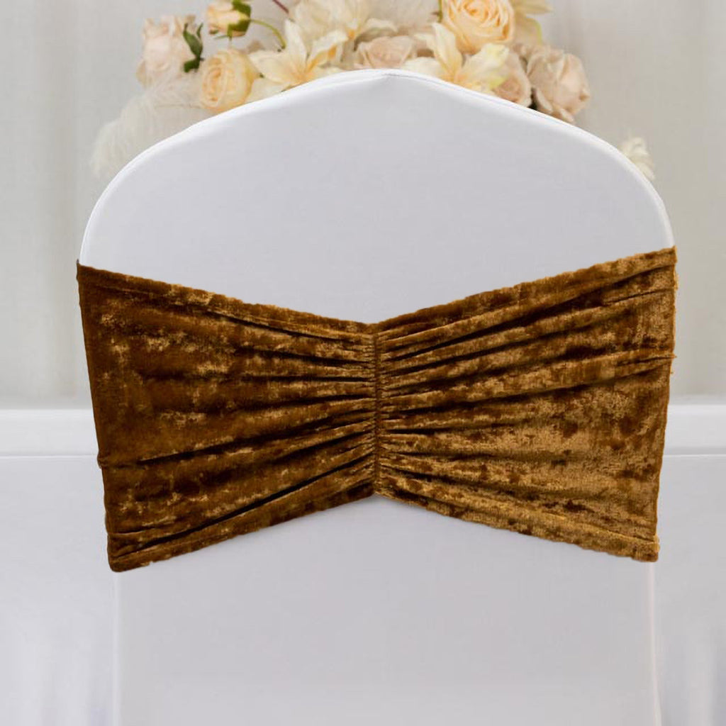 5 Pack Crushed Velvet Chair Bands Gold Wide Ruffle Style - Textured Chair Sashes for Stunning Event Decor - 8"x15" - Bell Racket Store