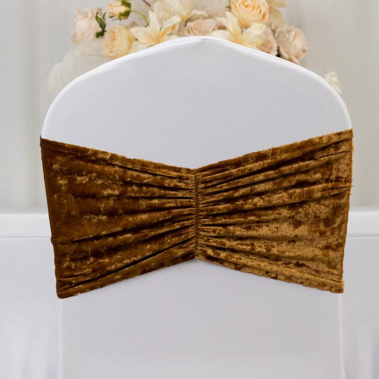 5 Pack Crushed Velvet Chair Bands Gold Wide Ruffle Style - Textured Chair Sashes for Stunning Event Decor - 8"x15" - Bell Racket Store
