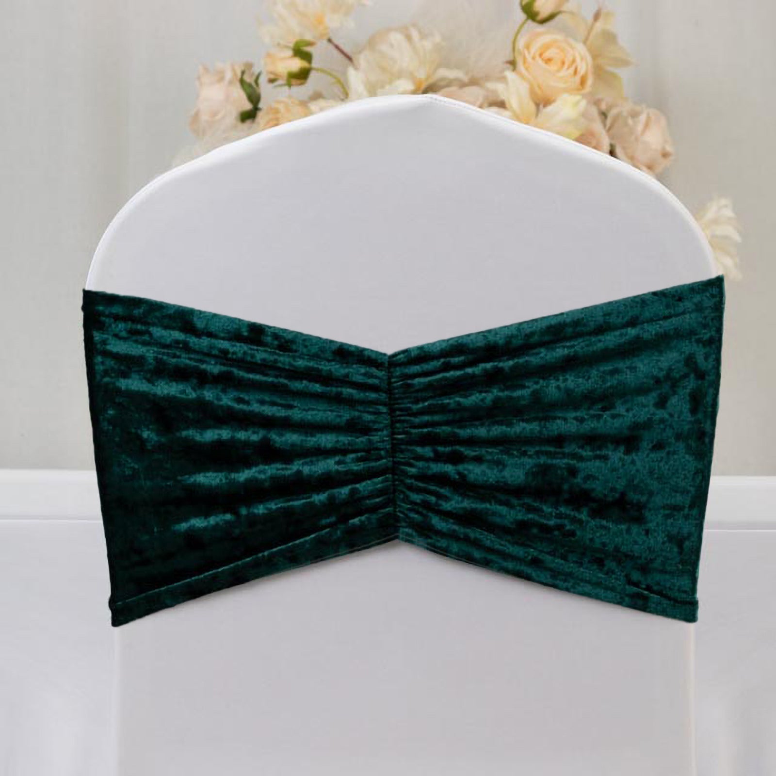 5 Pack Crushed Velvet Chair Bands Hunter Emerald Green Wide Ruffle Style - Textured Chair Sashes for Stunning Event Decor - 8"x15" - Bell Racket Store