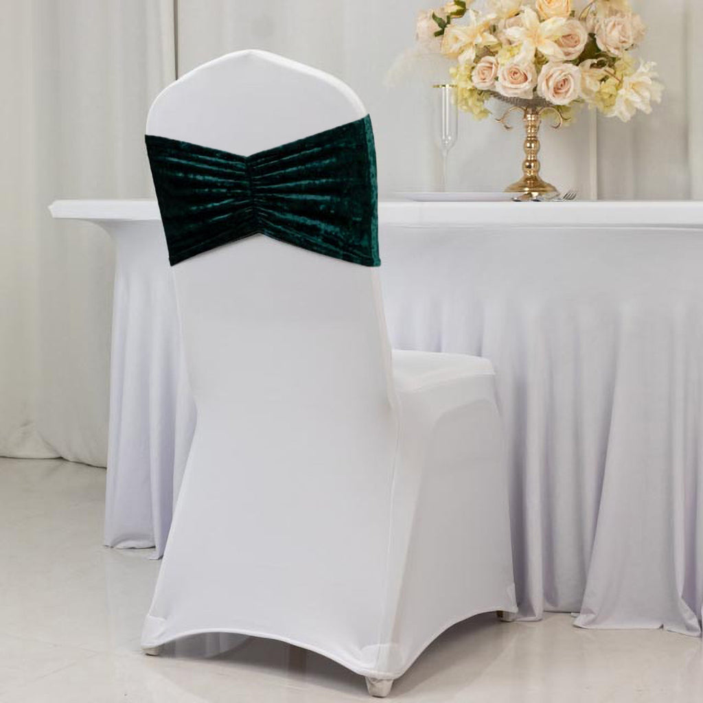 5 Pack Crushed Velvet Chair Bands Hunter Emerald Green Wide Ruffle Style - Textured Chair Sashes for Stunning Event Decor - 8"x15" - Bell Racket Store