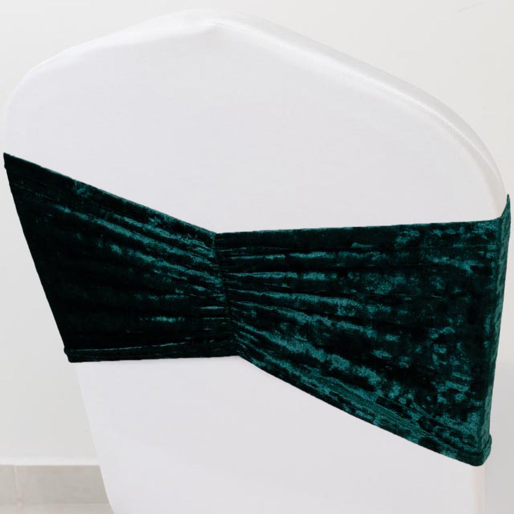 5 Pack Crushed Velvet Chair Bands Hunter Emerald Green Wide Ruffle Style - Textured Chair Sashes for Stunning Event Decor - 8"x15" - Bell Racket Store