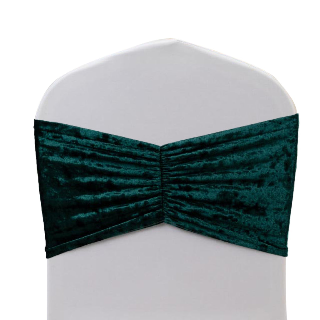 5 Pack Crushed Velvet Chair Bands Hunter Emerald Green Wide Ruffle Style - Textured Chair Sashes for Stunning Event Decor - 8"x15" - Bell Racket Store