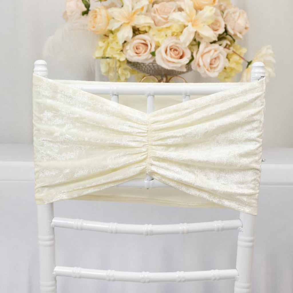 5 Pack Crushed Velvet Chair Bands Ivory Wide Ruffle Style - Textured Chair Sashes for Stunning Event Decor - 8"x15" - Bell Racket Store