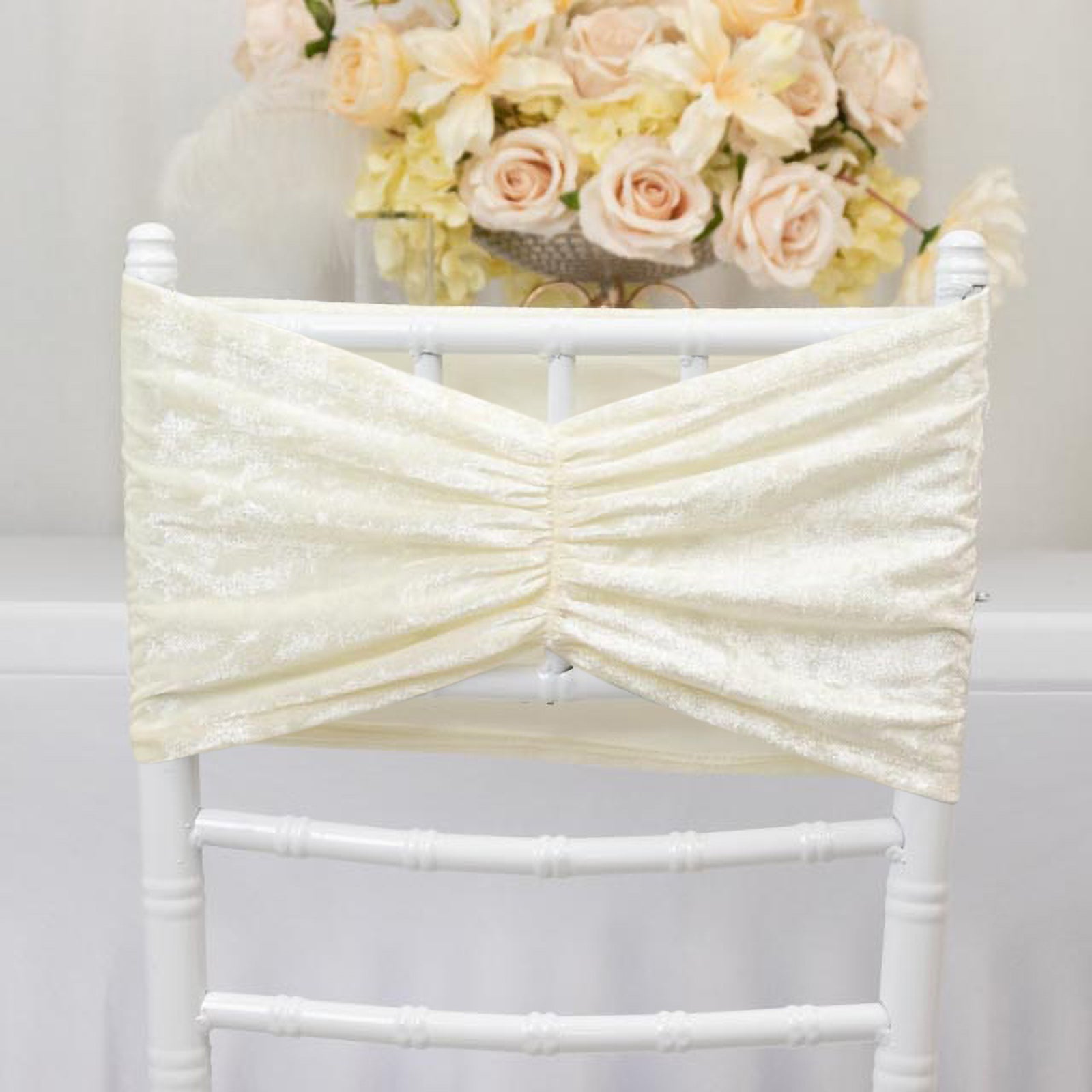 5 Pack Crushed Velvet Chair Bands Ivory Wide Ruffle Style - Textured Chair Sashes for Stunning Event Decor - 8"x15" - Bell Racket Store