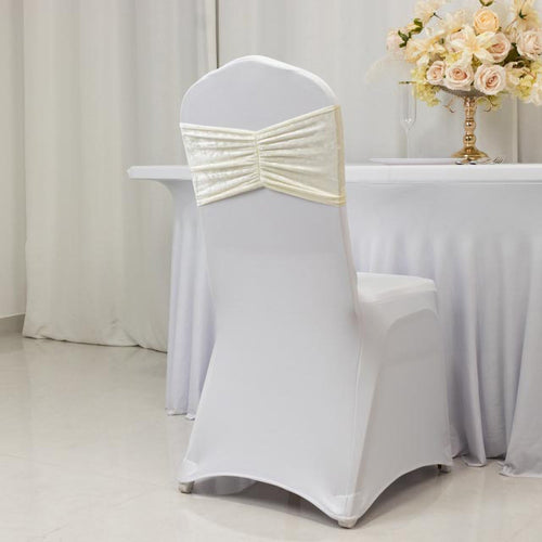 5 Pack Crushed Velvet Chair Bands Ivory Wide Ruffle Style - Textured Chair Sashes for Stunning Event Decor - 8"x15" - Bell Racket Store