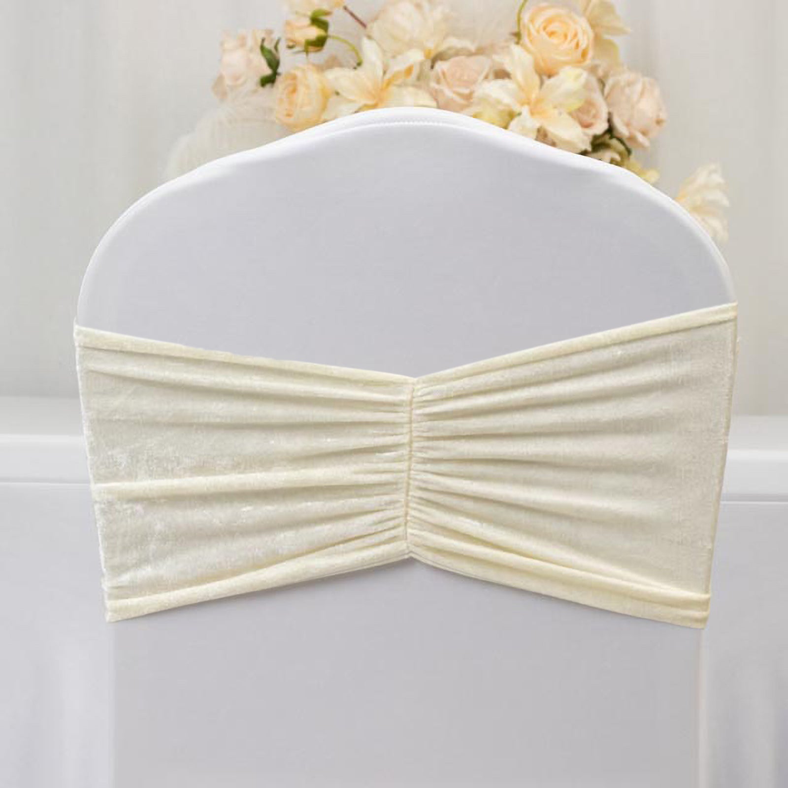 5 Pack Crushed Velvet Chair Bands Ivory Wide Ruffle Style - Textured Chair Sashes for Stunning Event Decor - 8"x15" - Bell Racket Store