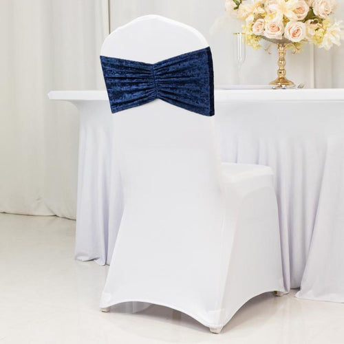 5 Pack Crushed Velvet Chair Bands Navy Blue Wide Ruffle Style - Textured Chair Sashes for Stunning Event Decor - 8"x15" - Bell Racket Store