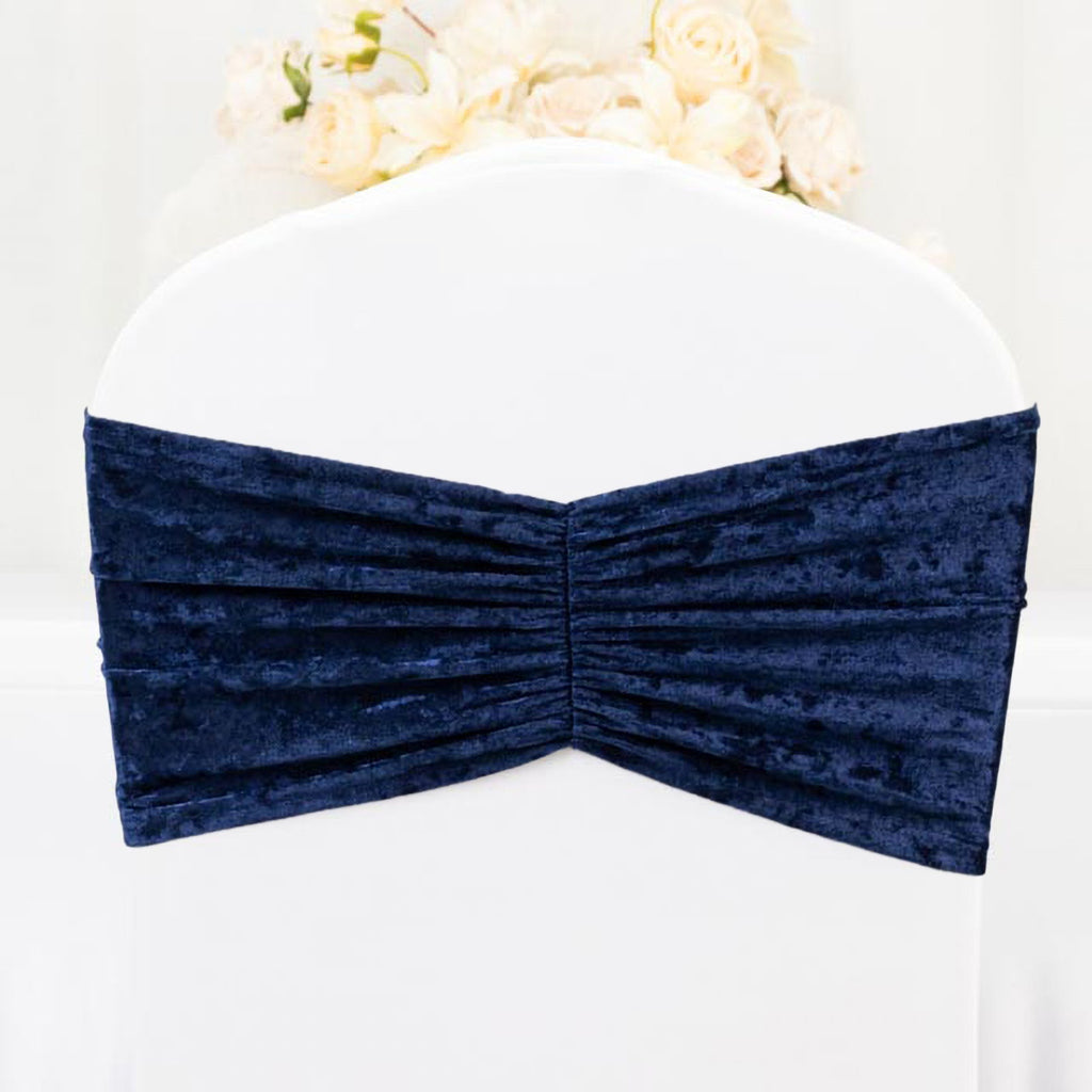 5 Pack Crushed Velvet Chair Bands Navy Blue Wide Ruffle Style - Textured Chair Sashes for Stunning Event Decor - 8"x15" - Bell Racket Store