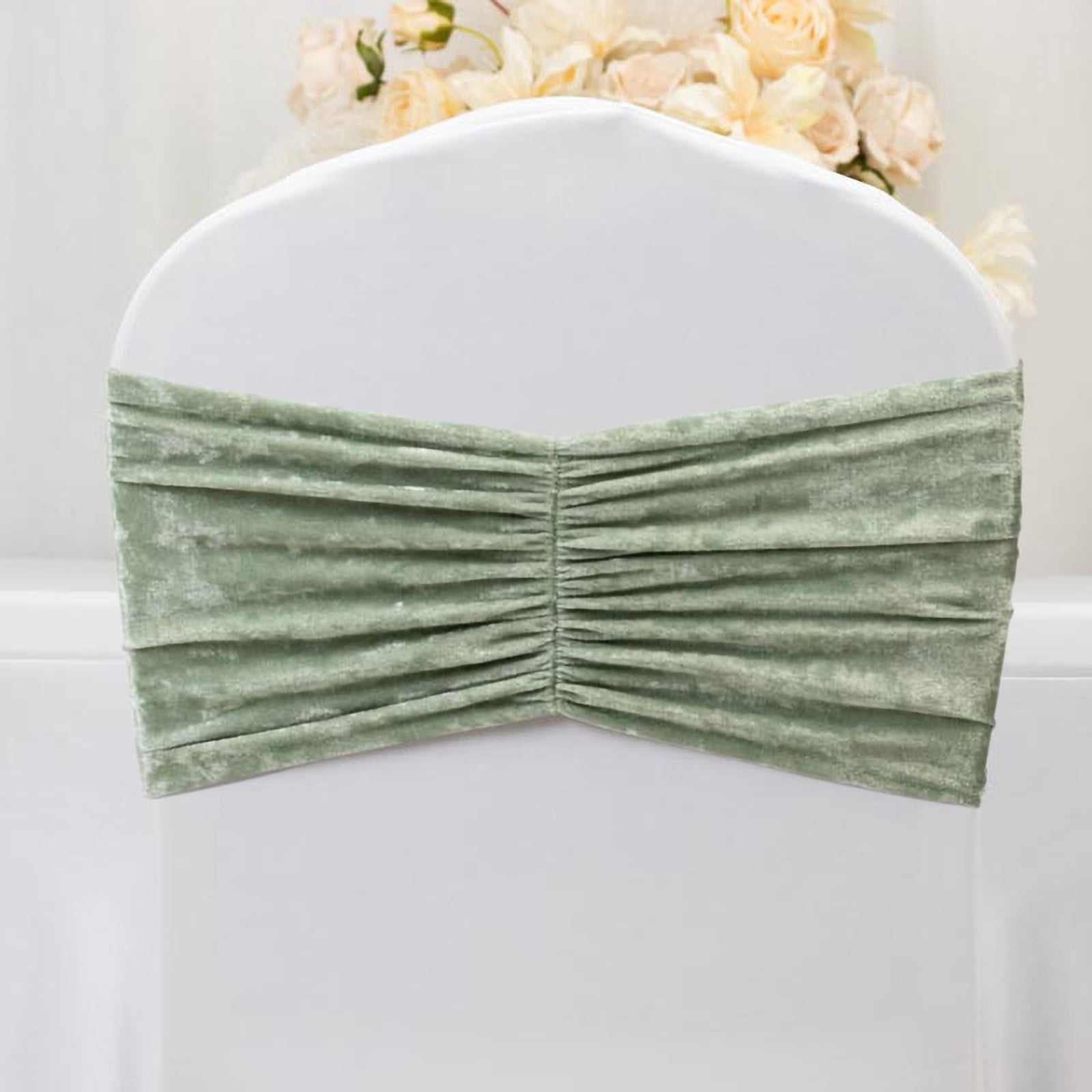 5 Pack Crushed Velvet Chair Bands Sage Green Wide Ruffle Style - Textured Chair Sashes for Stunning Event Decor - 8"x15" - Bell Racket Store