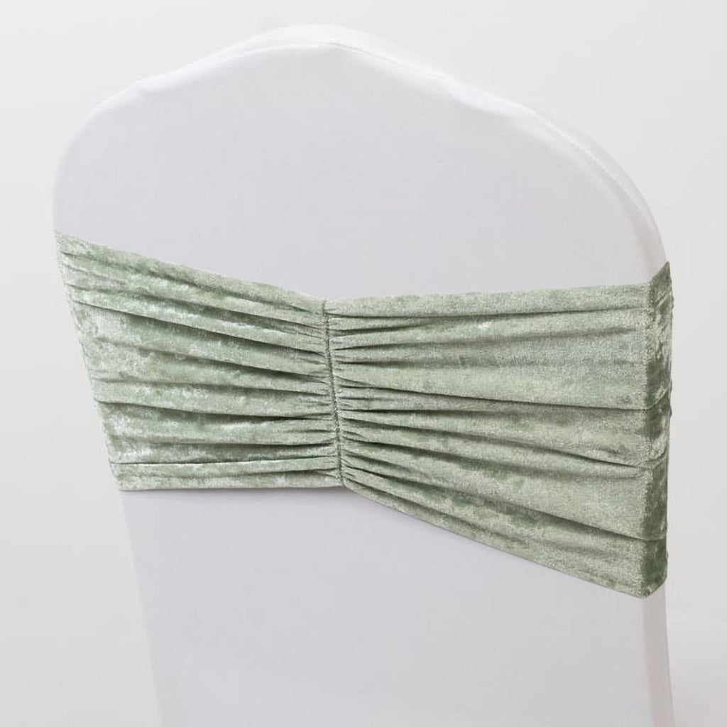 5 Pack Crushed Velvet Chair Bands Sage Green Wide Ruffle Style - Textured Chair Sashes for Stunning Event Decor - 8"x15" - Bell Racket Store