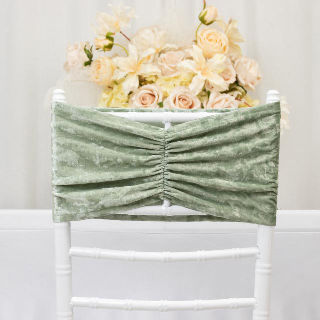 5 Pack Crushed Velvet Chair Bands Sage Green Wide Ruffle Style - Textured Chair Sashes for Stunning Event Decor - 8"x15" - Bell Racket Store