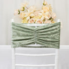 5 Pack Crushed Velvet Chair Bands Sage Green Wide Ruffle Style - Textured Chair Sashes for Stunning Event Decor - 8"x15" - Bell Racket Store