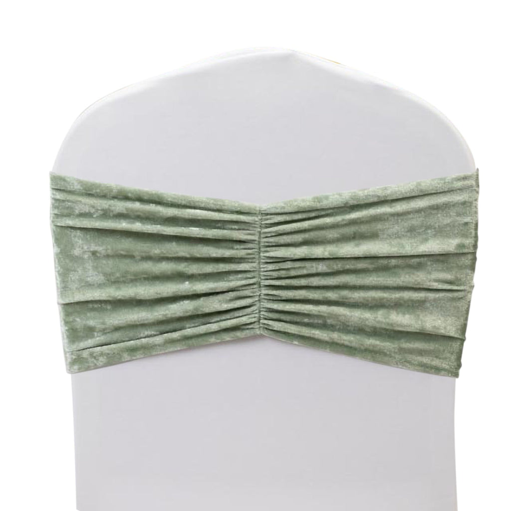 5 Pack Crushed Velvet Chair Bands Sage Green Wide Ruffle Style - Textured Chair Sashes for Stunning Event Decor - 8"x15" - Bell Racket Store
