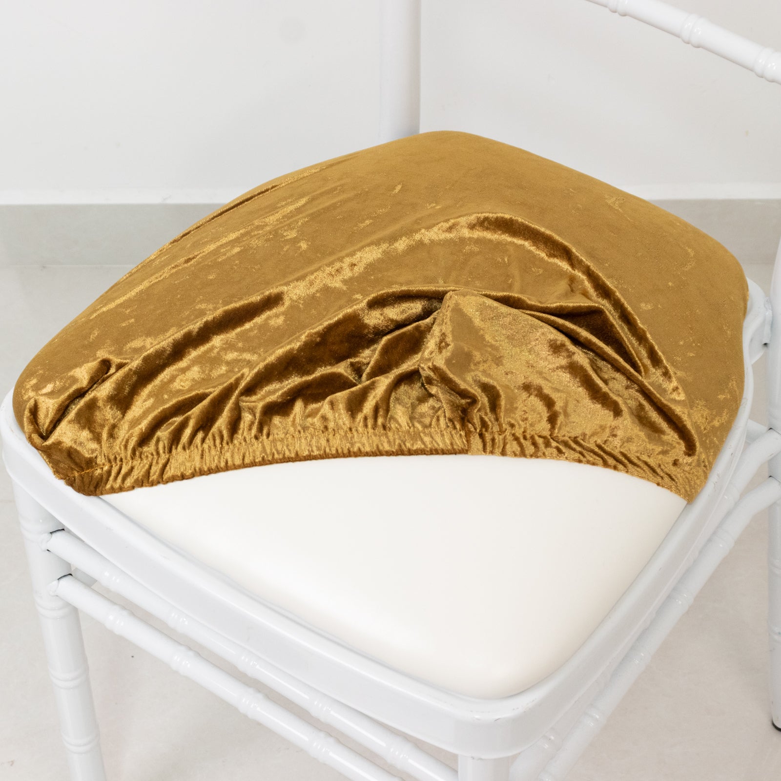 5 Pack Crushed Velvet Seat Pad Covers for Chiavari Chairs â€“ Gold Fitted Dining Chair Cushion Slipcovers, Washable & Reusable - Bell Racket Store
