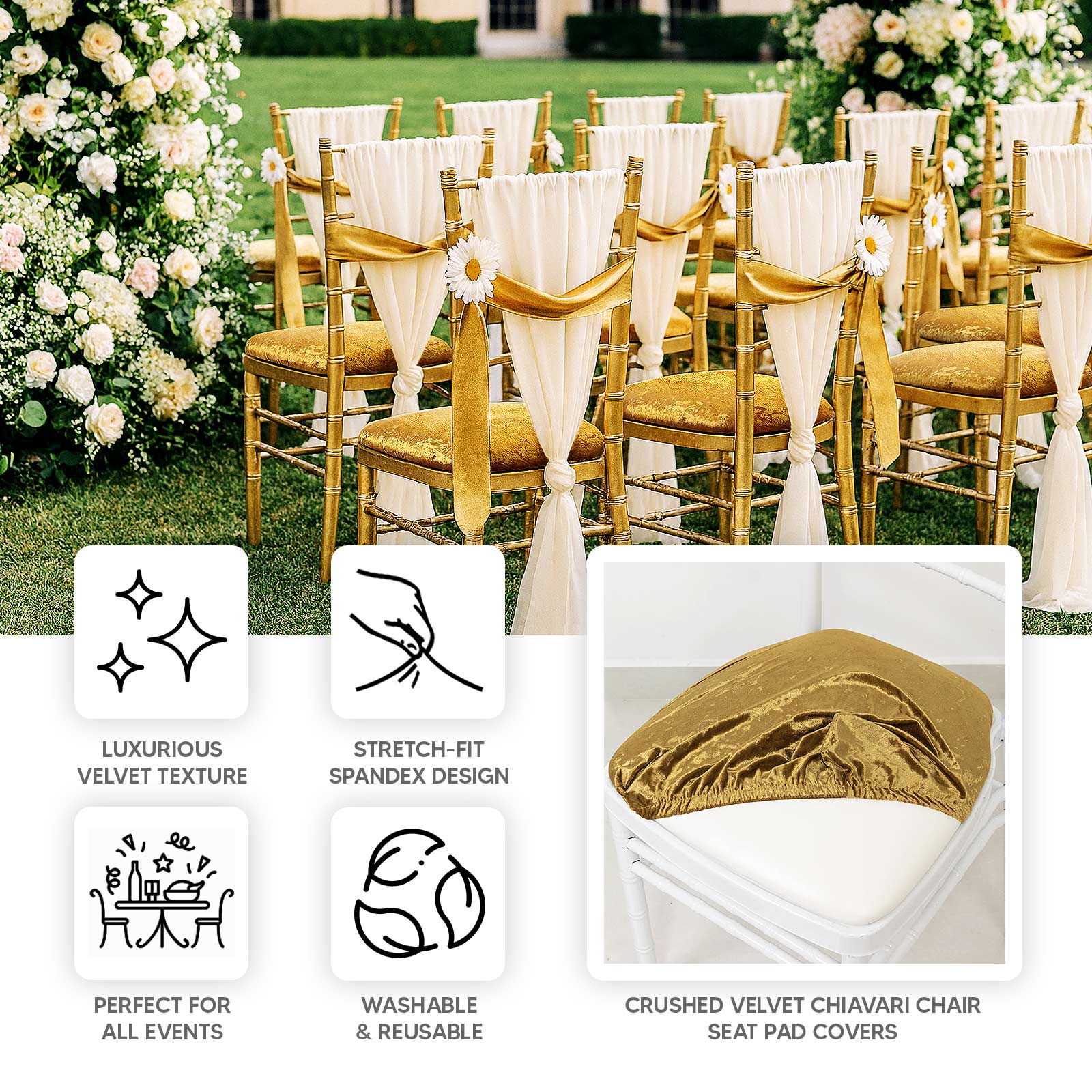 5 Pack Crushed Velvet Seat Pad Covers for Chiavari Chairs â€“ Gold Fitted Dining Chair Cushion Slipcovers, Washable & Reusable - Bell Racket Store