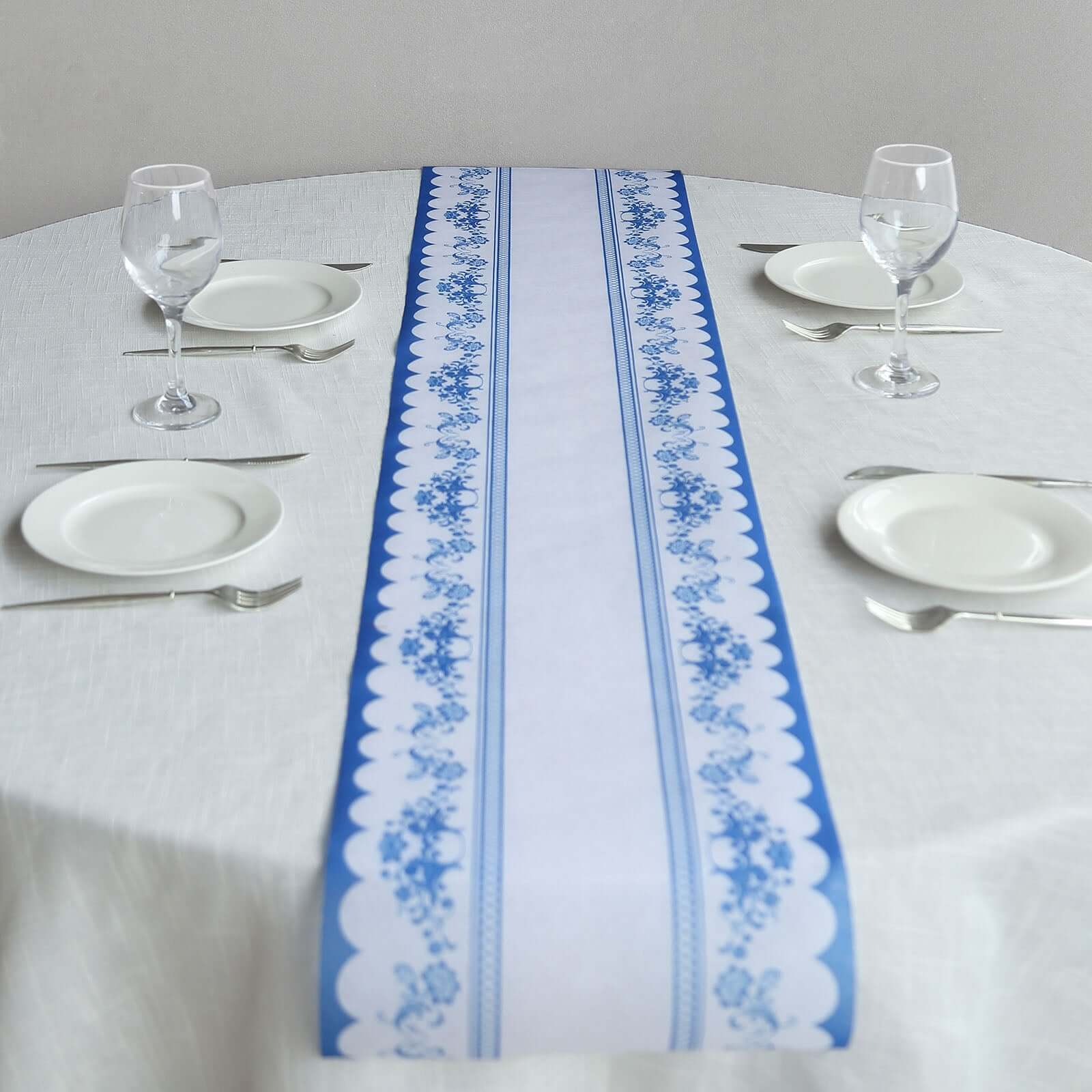 5 Pack Disposable Table Runners 11"x108" White with Blue Ornate Floral Prints - Non - woven Stylish Kitchen Dining Table Decor - Bell Racket Store