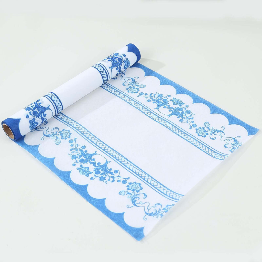 5 Pack Disposable Table Runners 11"x108" White with Blue Ornate Floral Prints - Non - woven Stylish Kitchen Dining Table Decor - Bell Racket Store