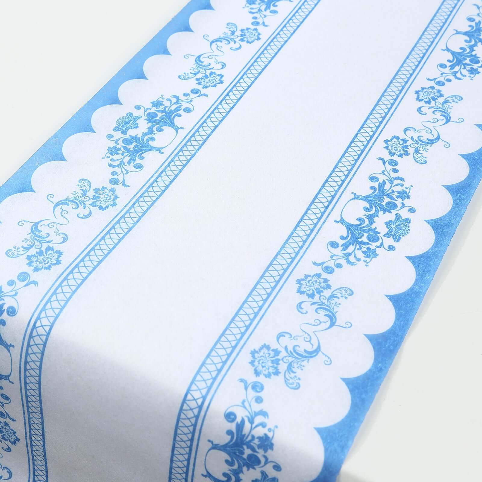 5 Pack Disposable Table Runners 11"x108" White with Blue Ornate Floral Prints - Non - woven Stylish Kitchen Dining Table Decor - Bell Racket Store