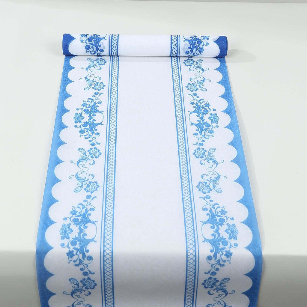 5 Pack Disposable Table Runners 11"x108" White with Blue Ornate Floral Prints - Non - woven Stylish Kitchen Dining Table Decor - Bell Racket Store