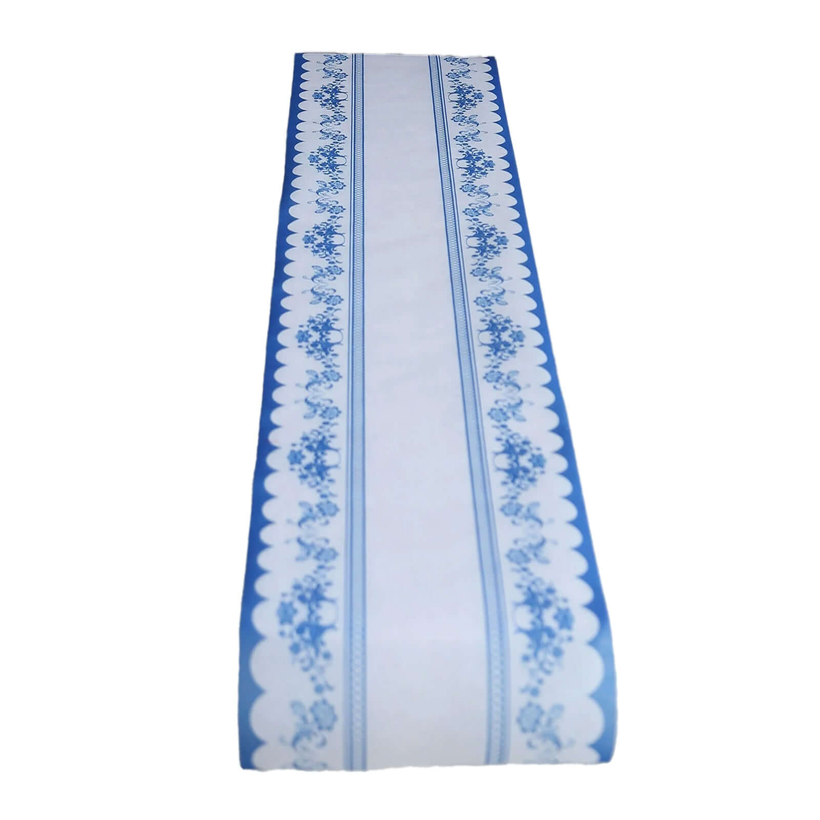 5 Pack Disposable Table Runners 11"x108" White with Blue Ornate Floral Prints - Non - woven Stylish Kitchen Dining Table Decor - Bell Racket Store