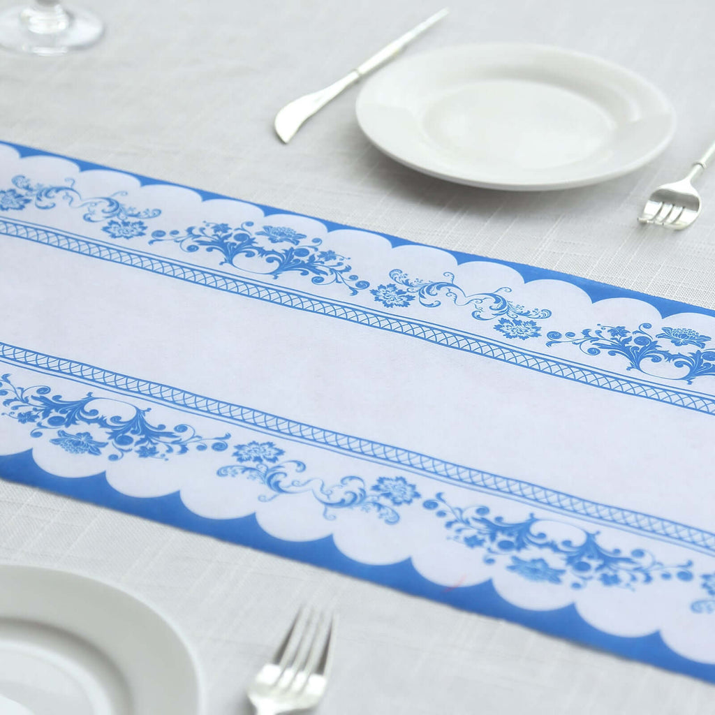 5 Pack Disposable Table Runners 11"x108" White with Blue Ornate Floral Prints - Non - woven Stylish Kitchen Dining Table Decor - Bell Racket Store