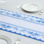 5 Pack Disposable Table Runners 11"x108" White with Blue Ornate Floral Prints - Non - woven Stylish Kitchen Dining Table Decor - Bell Racket Store