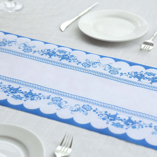 5 Pack Disposable Table Runners 11"x108" White with Blue Ornate Floral Prints - Non - woven Stylish Kitchen Dining Table Decor - Bell Racket Store