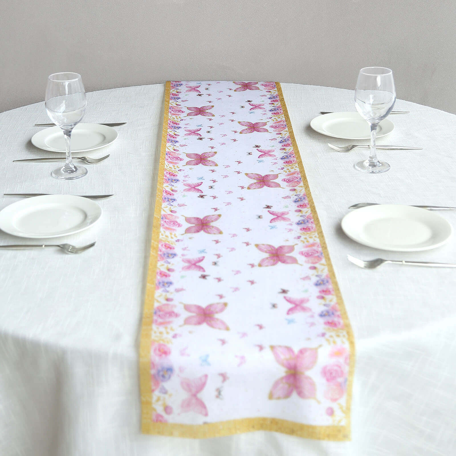 5 Pack Disposable Table Runners 11"x108" White with Pink Butterflies - Non - woven Stylish Spring Summer Dining Decor - Bell Racket Store
