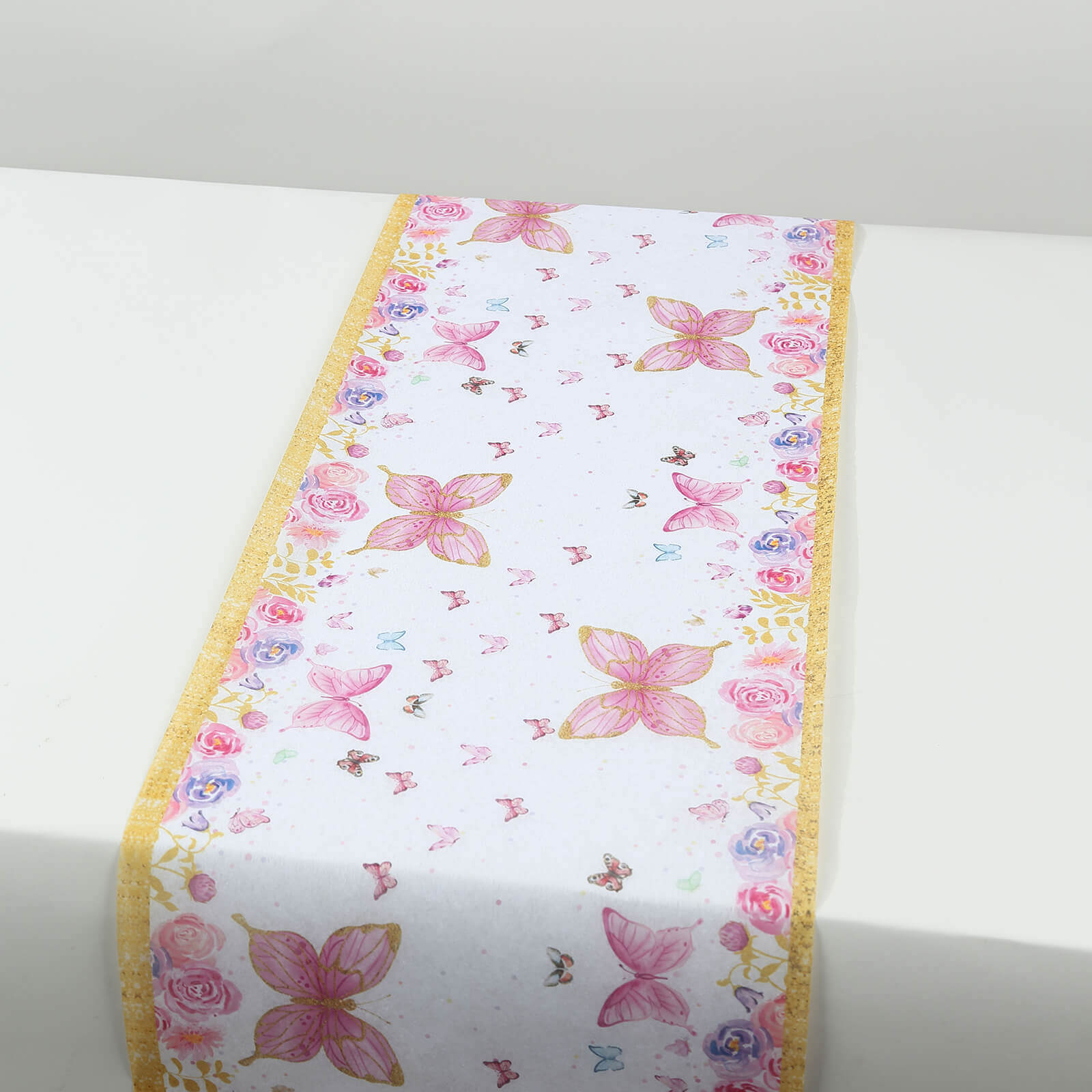 5 Pack Disposable Table Runners 11"x108" White with Pink Butterflies - Non - woven Stylish Spring Summer Dining Decor - Bell Racket Store