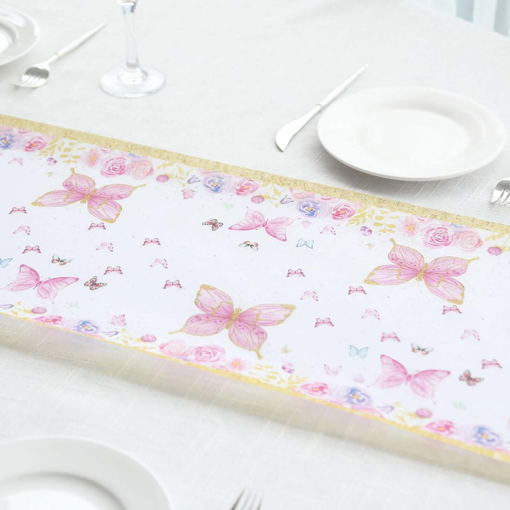 5 Pack Disposable Table Runners 11"x108" White with Pink Butterflies - Non - woven Stylish Spring Summer Dining Decor - Bell Racket Store